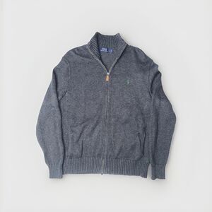 Vintage 90s Polo Ralph Lauren Rare Pony Full Zip Knit Sweater Gray Mens Large